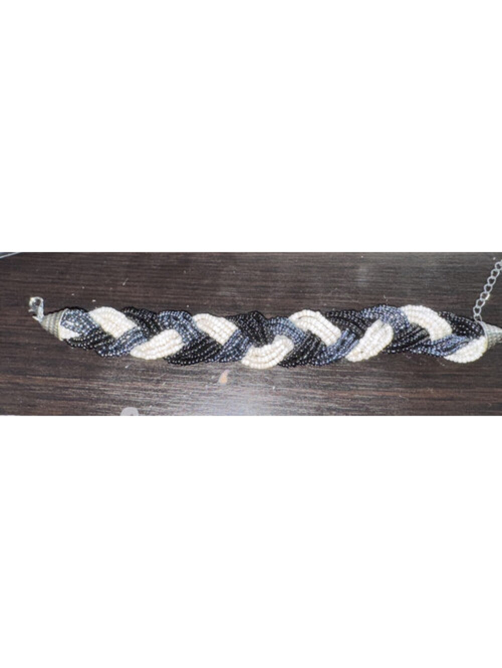 Braided Beaded Multi Band Stretch Bracelet Black & White Handcrafted